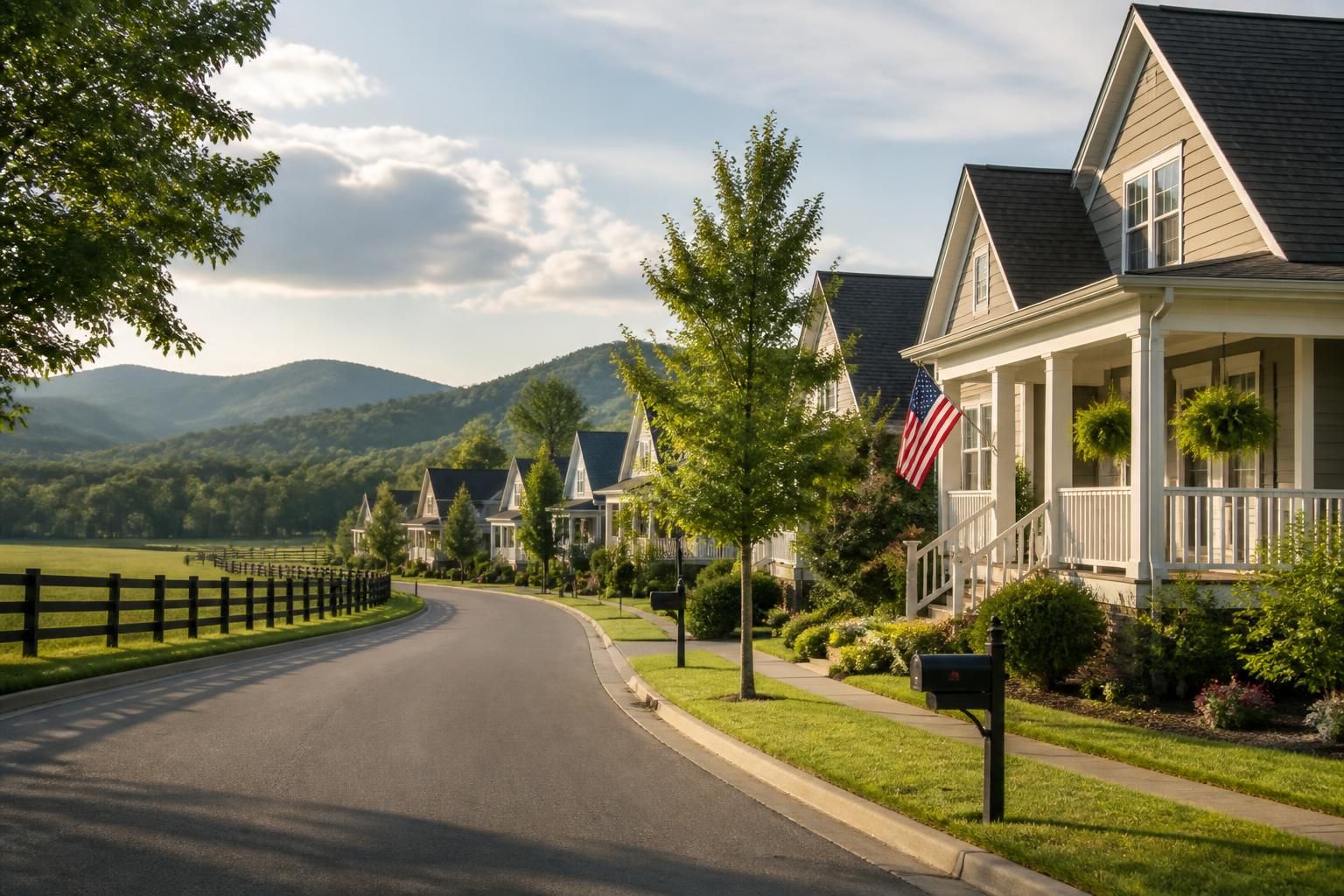 Tidy homes with open land nearby in soft natural light.