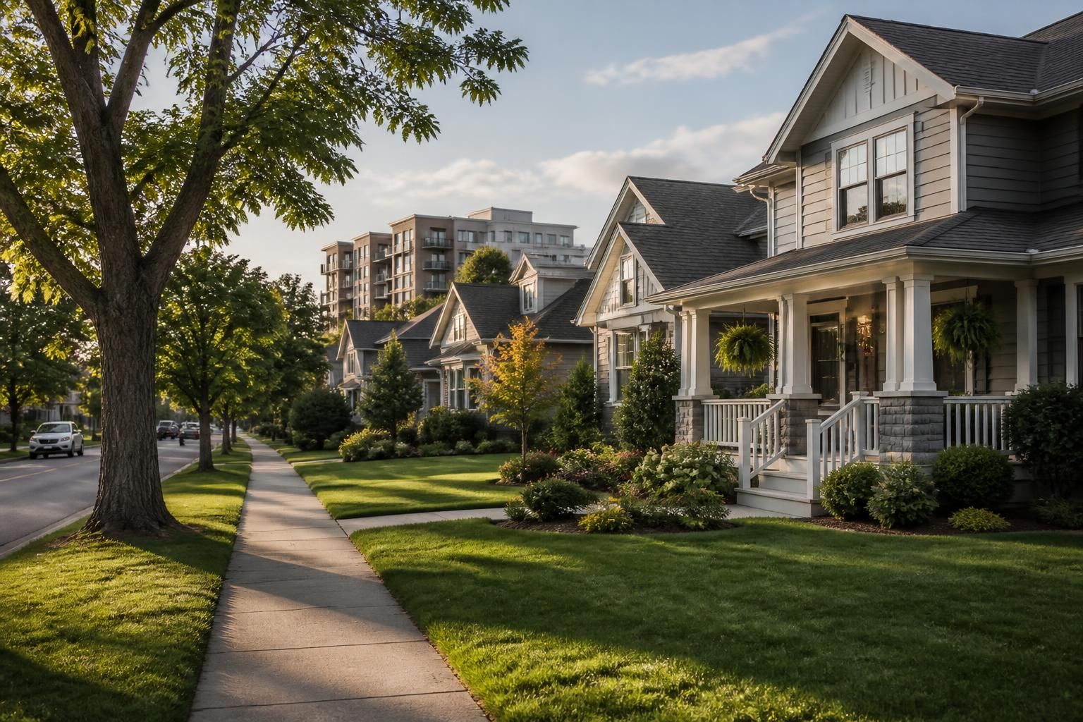 Neat homes and open lawns in a calm suburban setting.