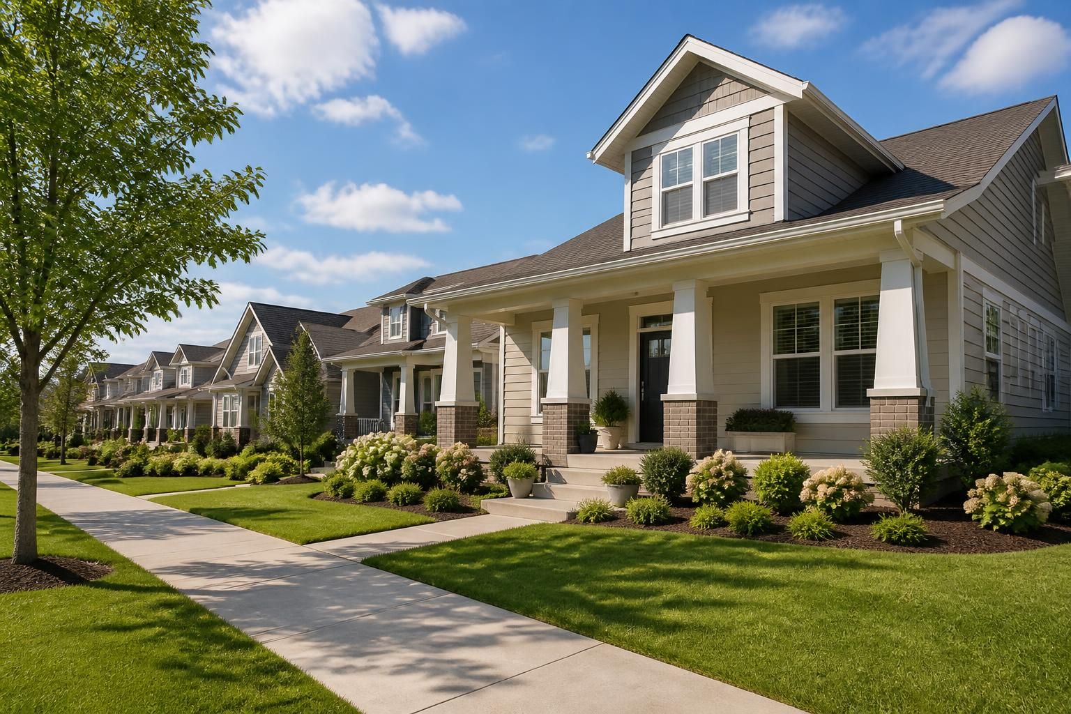 Tidy residential scene with open sky and calm neighborhood feel.