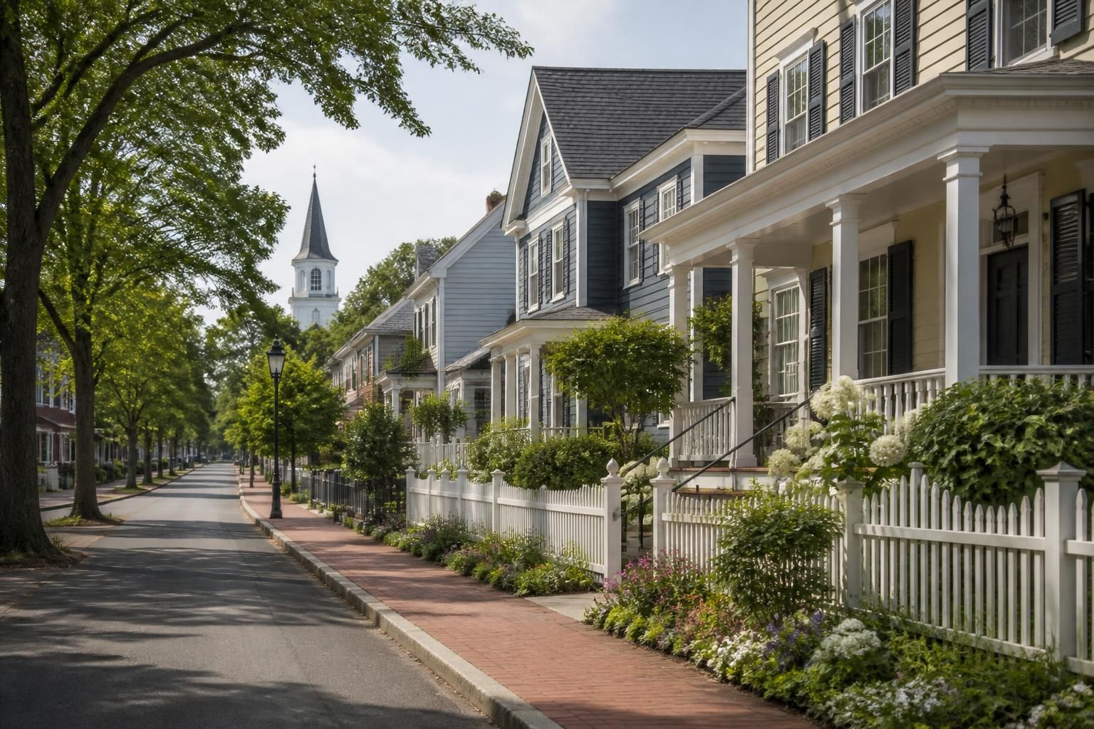 Tidy residential street with gentle greenery and small-town character.