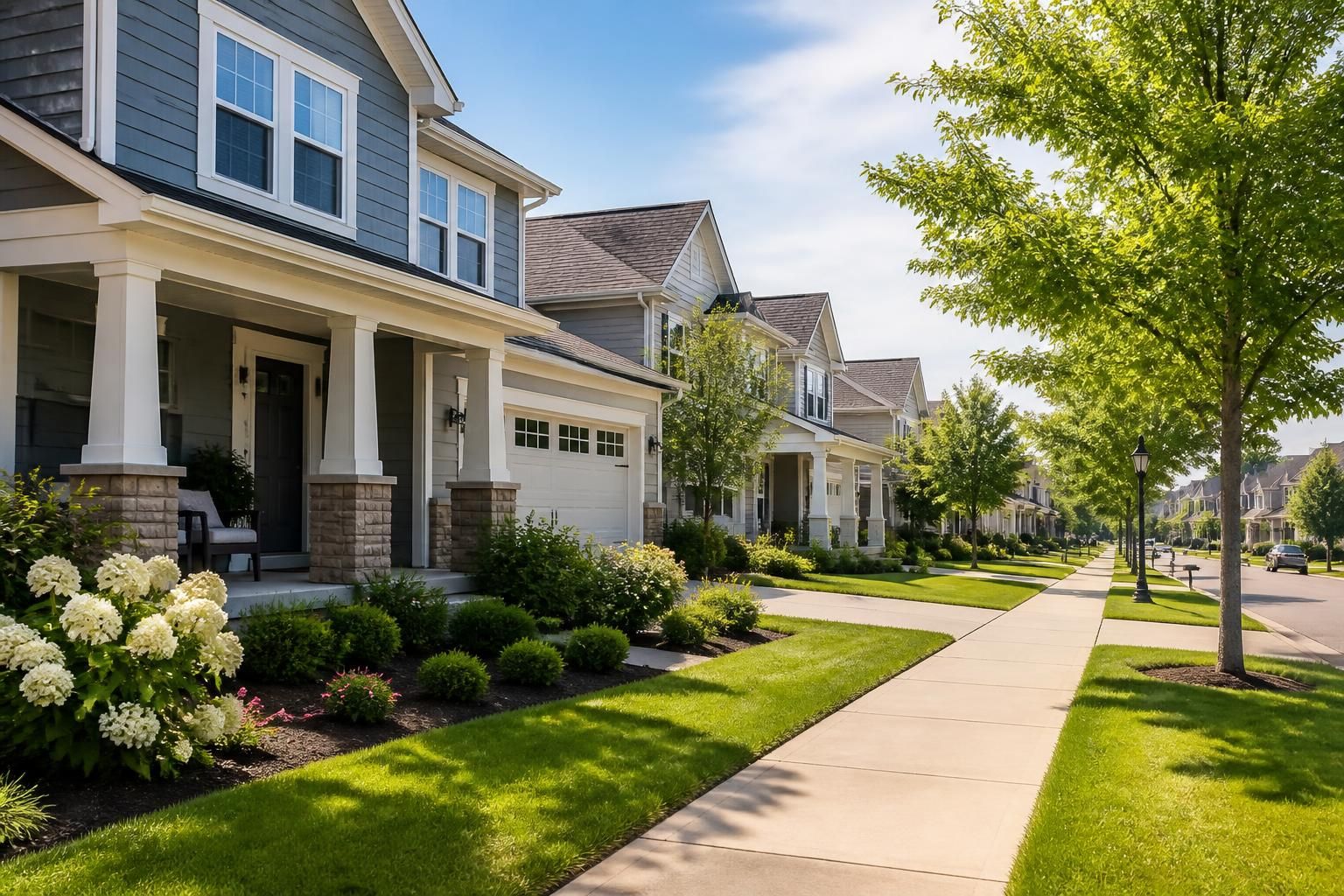 Modern homes with clean landscaping in a bright suburban neighborhood.