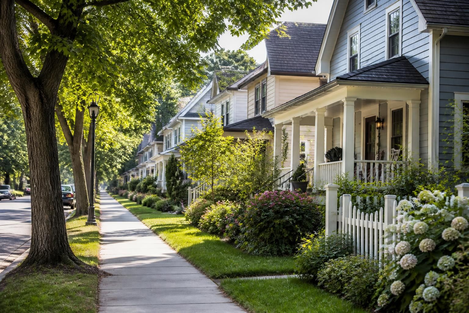 Tree-lined neighborhood with tidy properties and small-town atmosphere.