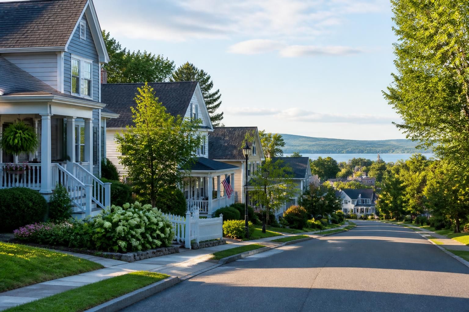 Small-town neighborhood with tidy houses and subtle rolling terrain.