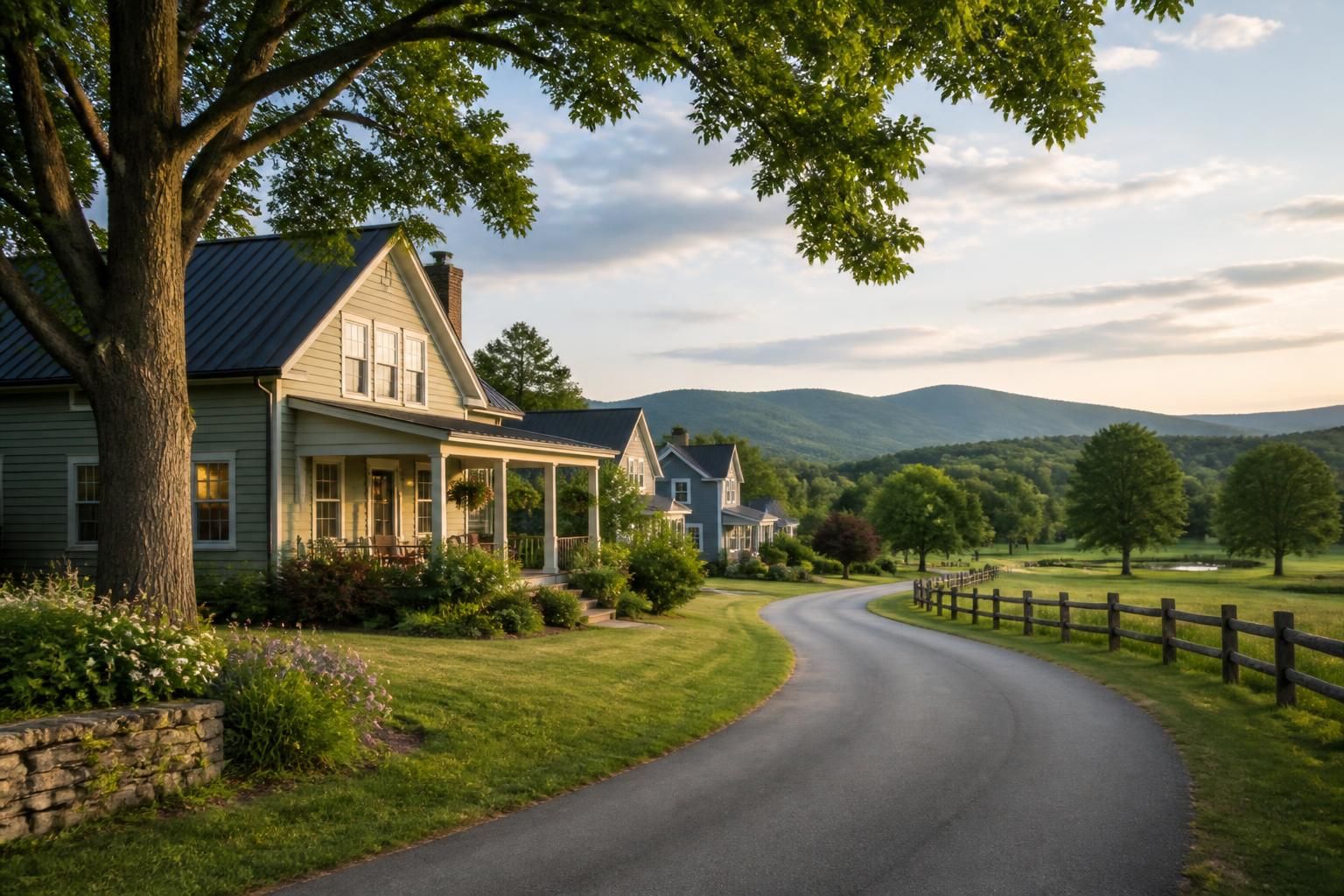 Rural roadside neighborhood with well-kept homes and open green space.