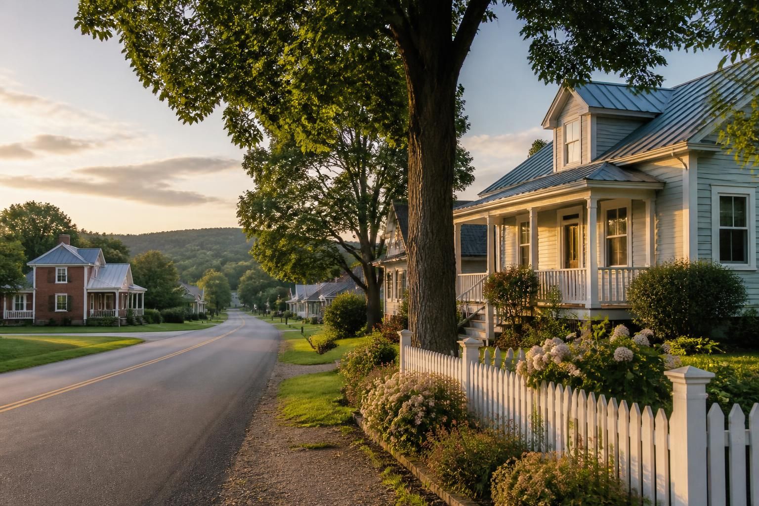 Country-town street with well-kept homes and open lots.