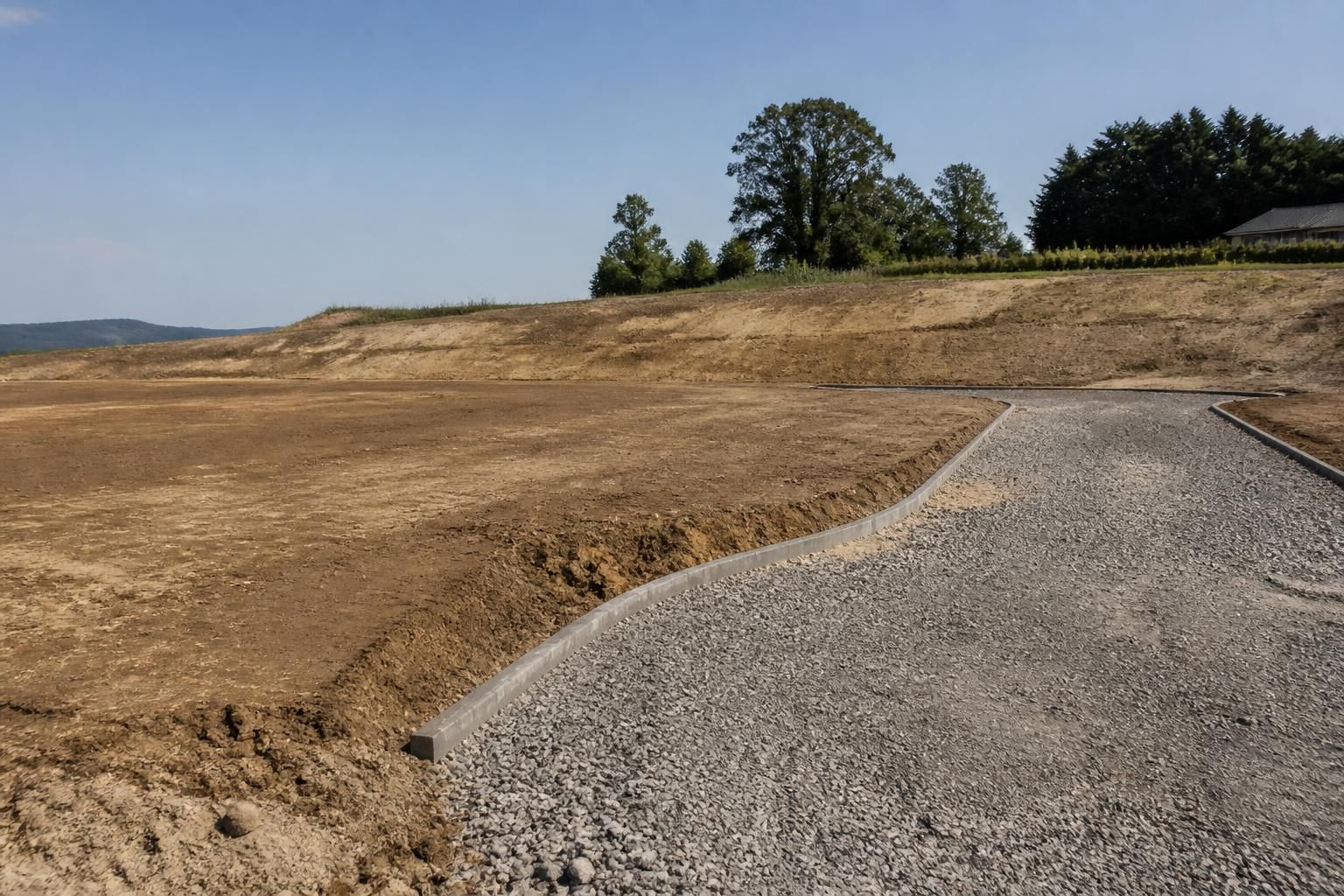 Freshly graded residential site with a prepared driveway base in natural light.